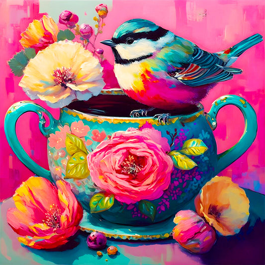 The Bird On The Teacup¡¤Rose Red - Full Round Drill Diamond Painting 40*40CM