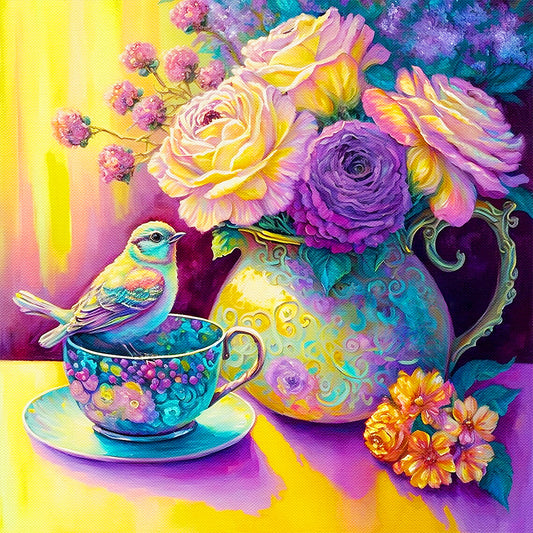 Bird On A Teacup¡¤Yellow Purple - Full Round Drill Diamond Painting 40*40CM