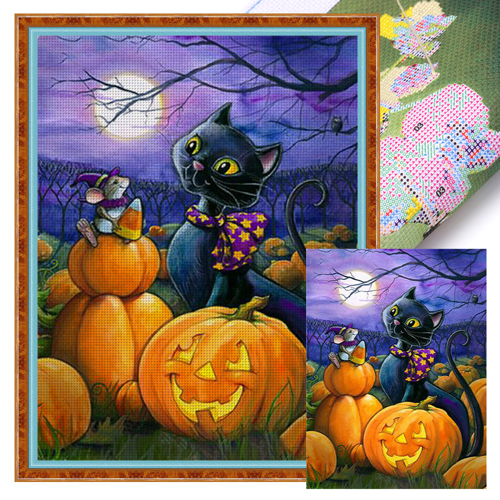 Black Cat Mouse And Pumpkin - 11CT Stamped Cross Stitch 40*53CM