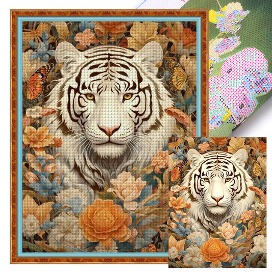 Flowers And Tiger - 11CT Stamped Cross Stitch 50*65CM