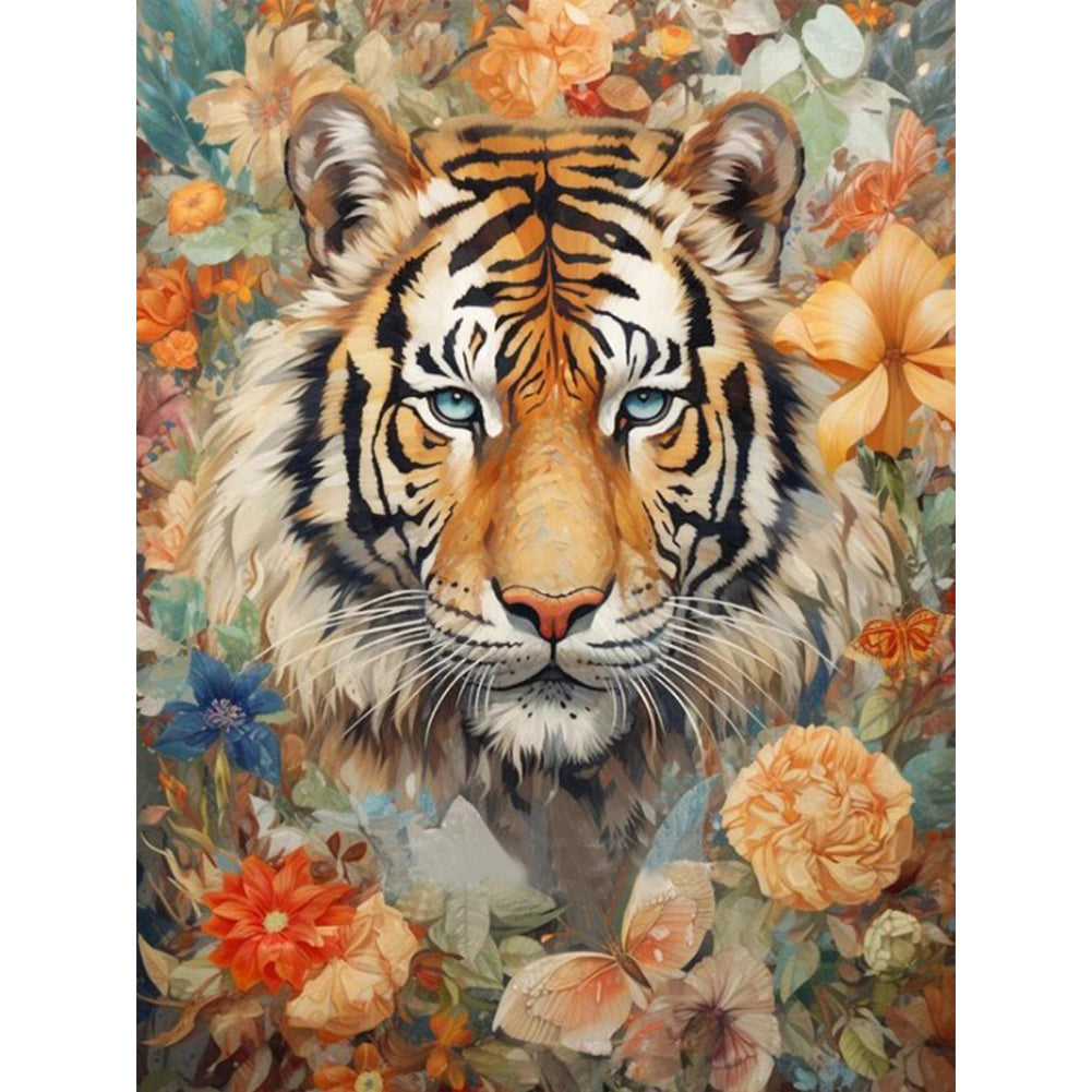 Flowers And Tiger - 11CT Stamped Cross Stitch 50*65CM