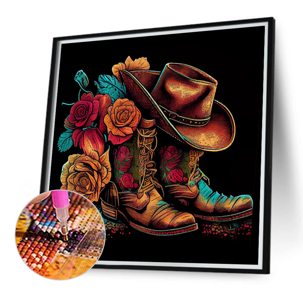 Floral Cowboy Boots - Full Round Drill Diamond Painting 40*40CM