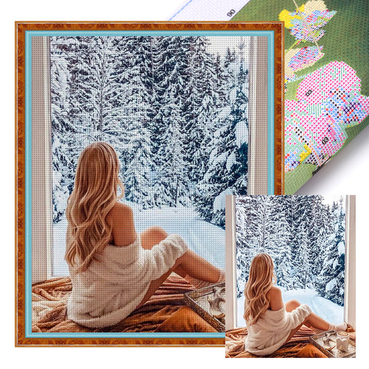 Girl Looking At Snow - 11CT Stamped Cross Stitch 40*50CM