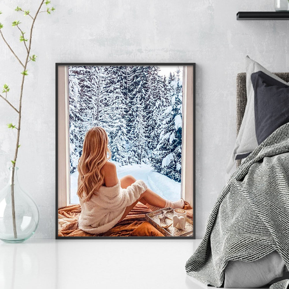 Girl Looking At Snow - 11CT Stamped Cross Stitch 40*50CM