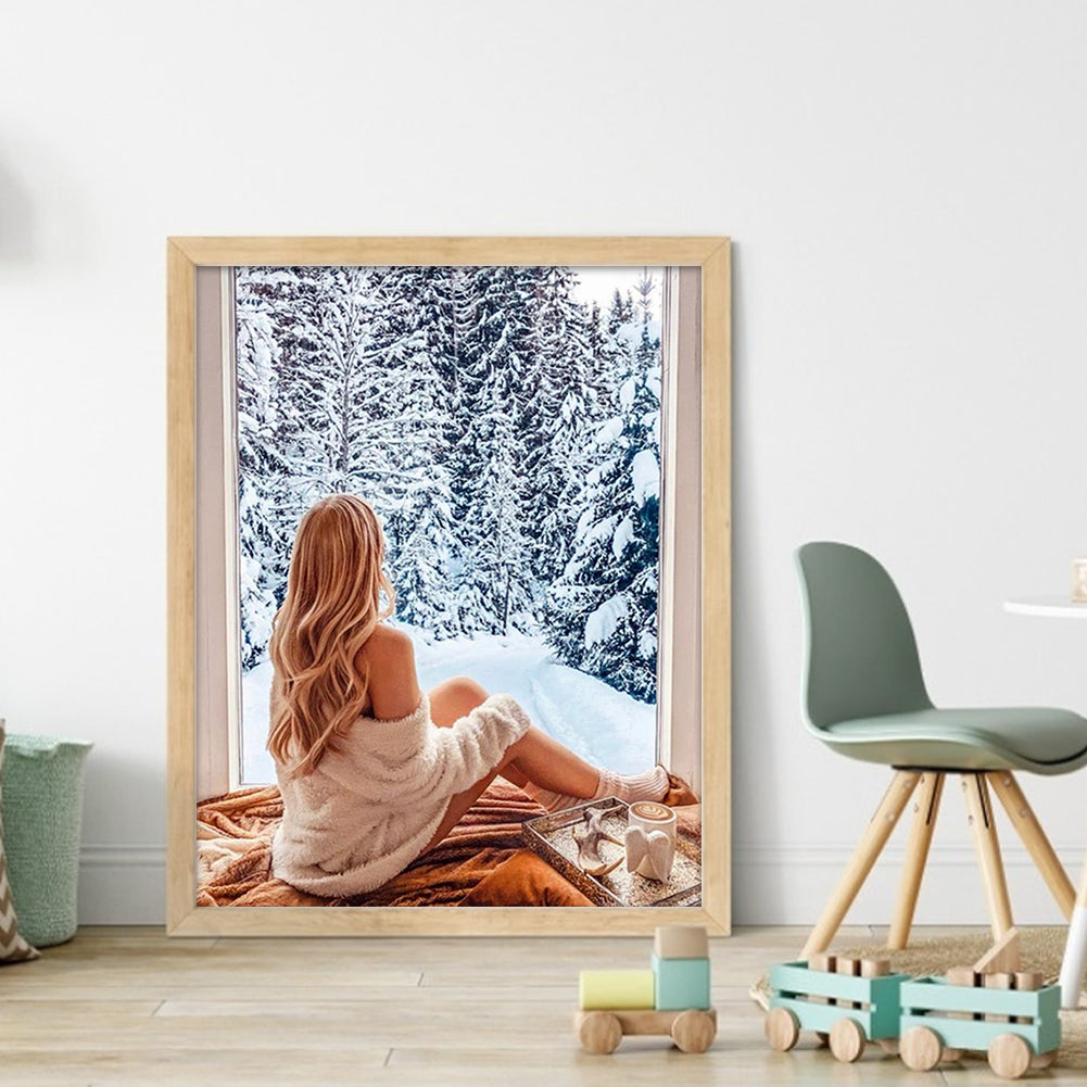 Girl Looking At Snow - 11CT Stamped Cross Stitch 40*50CM