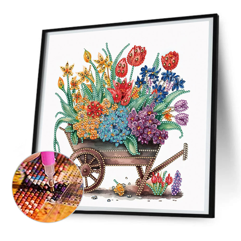 Flower And Wood Cart - Partial Special-Shaped Drill Diamond Painting 30*30CM