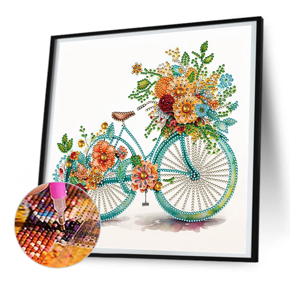 Flowers And Green Bicycle - Special Shaped Drill Diamond Painting 30*30CM