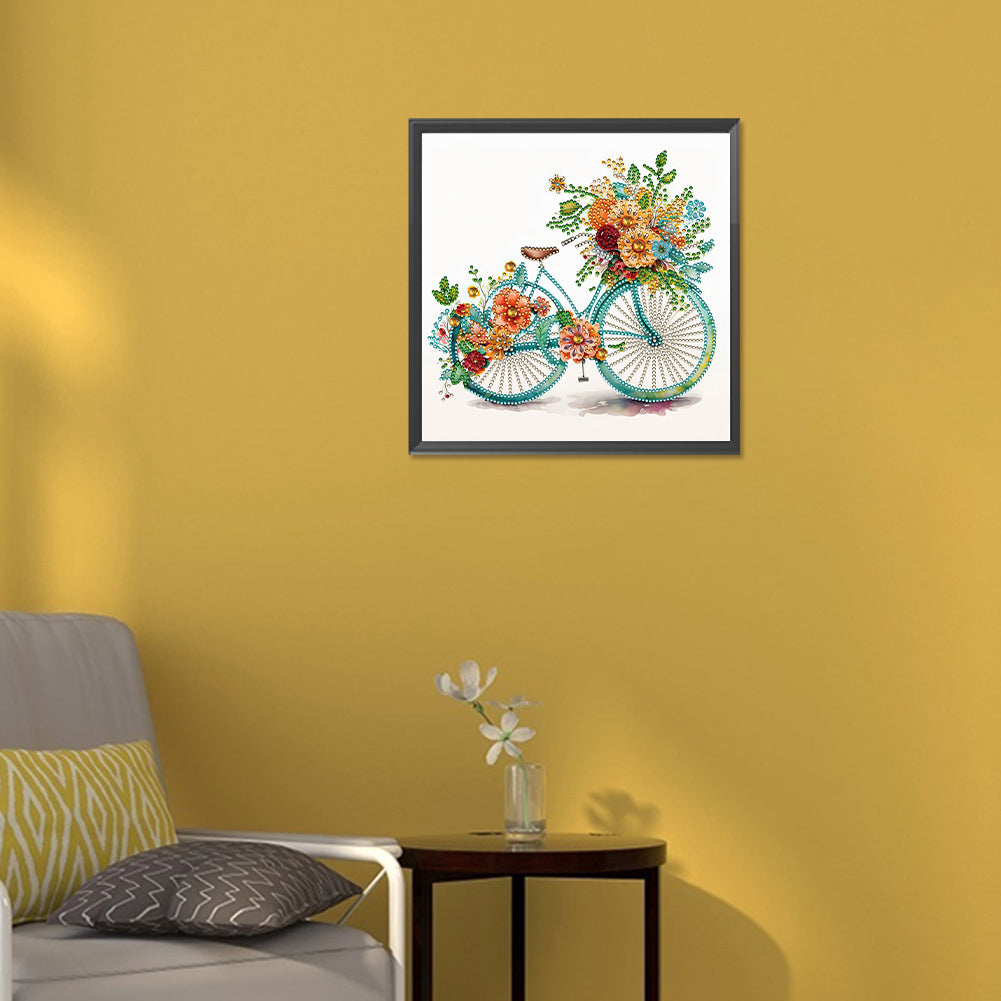 Flowers And Green Bicycle - Special Shaped Drill Diamond Painting 30*30CM