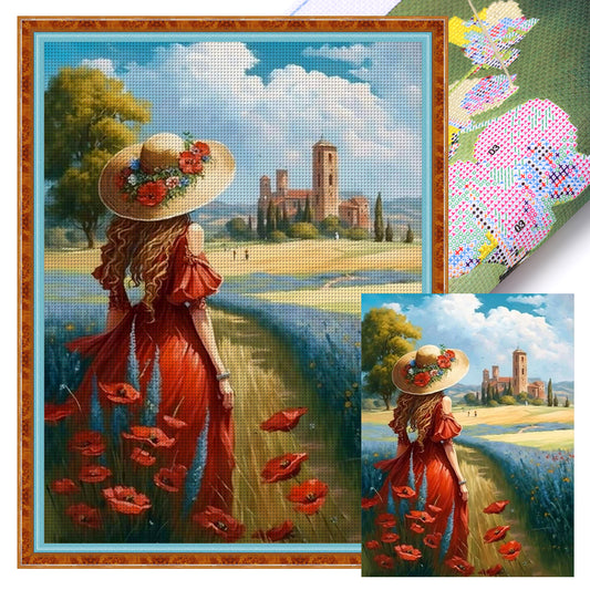 Manor Poppy Flower Girl Back View - 11CT Stamped Cross Stitch 40*55CM