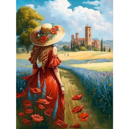 Manor Poppy Flower Girl Back View - 11CT Stamped Cross Stitch 40*55CM