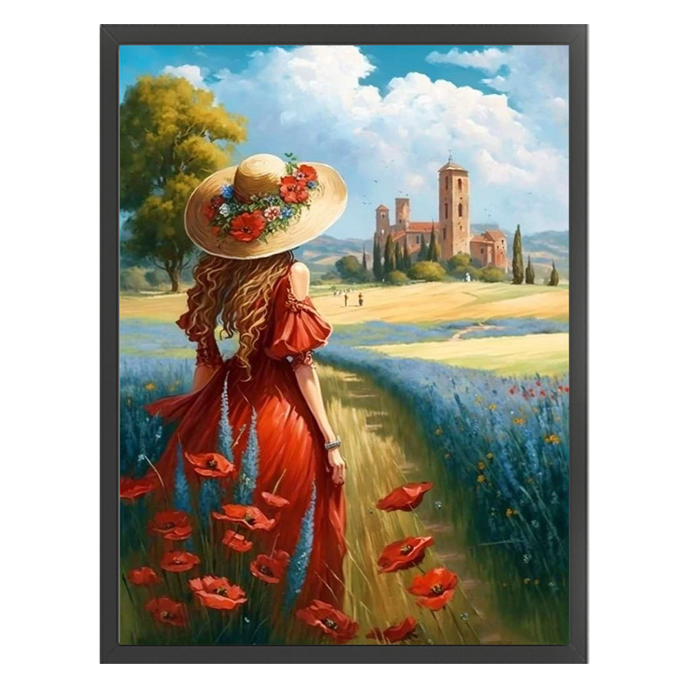 Manor Poppy Flower Girl Back View - 11CT Stamped Cross Stitch 40*55CM