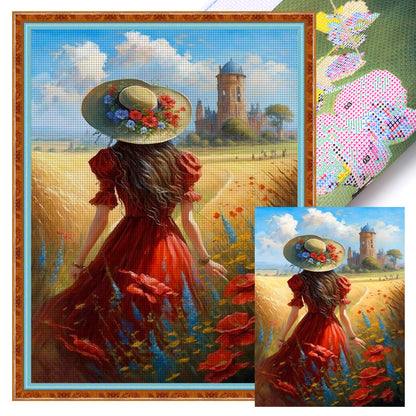 Manor Poppy Flower Girl Back View - 11CT Stamped Cross Stitch 40*55CM