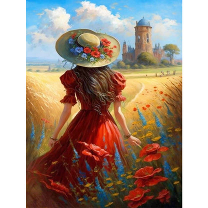 Manor Poppy Flower Girl Back View - 11CT Stamped Cross Stitch 40*55CM