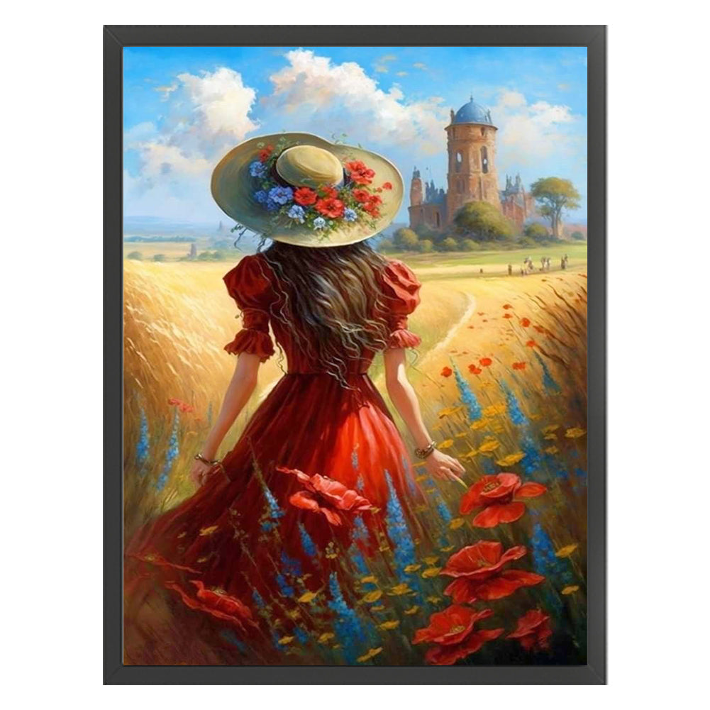 Manor Poppy Flower Girl Back View - 11CT Stamped Cross Stitch 40*55CM