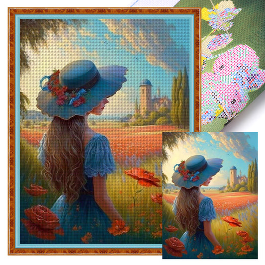 Manor Poppy Flower Girl Back View - 11CT Stamped Cross Stitch 40*55CM