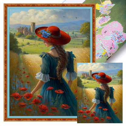 Manor Poppy Flower Girl Back View - 11CT Stamped Cross Stitch 40*55CM