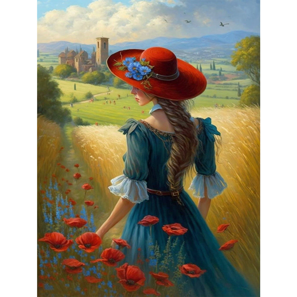 Manor Poppy Flower Girl Back View - 11CT Stamped Cross Stitch 40*55CM