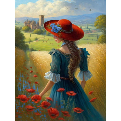 Manor Poppy Flower Girl Back View - 11CT Stamped Cross Stitch 40*55CM