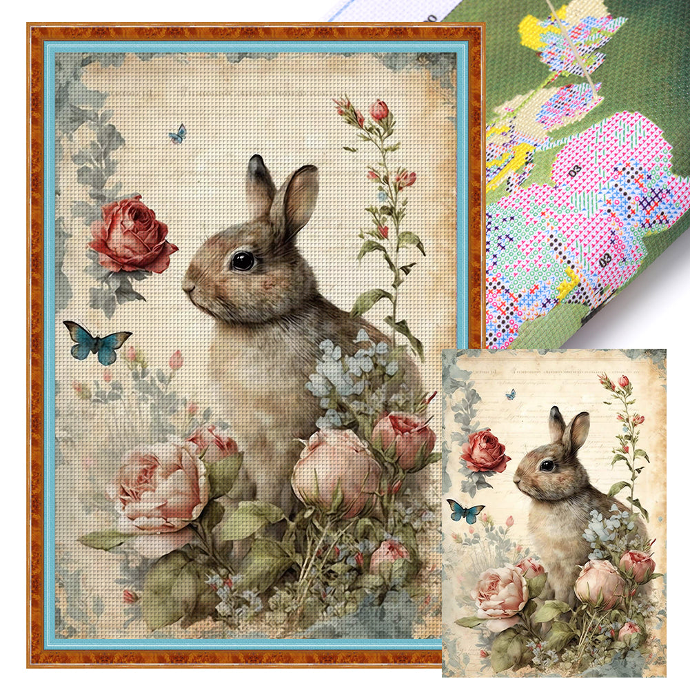 Retro Poster - Rabbit Peony Flower - 11CT Stamped Cross Stitch 40*60CM