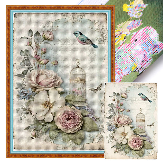 Retro Poster - Bird And Peony Cage - 11CT Stamped Cross Stitch 40*60CM