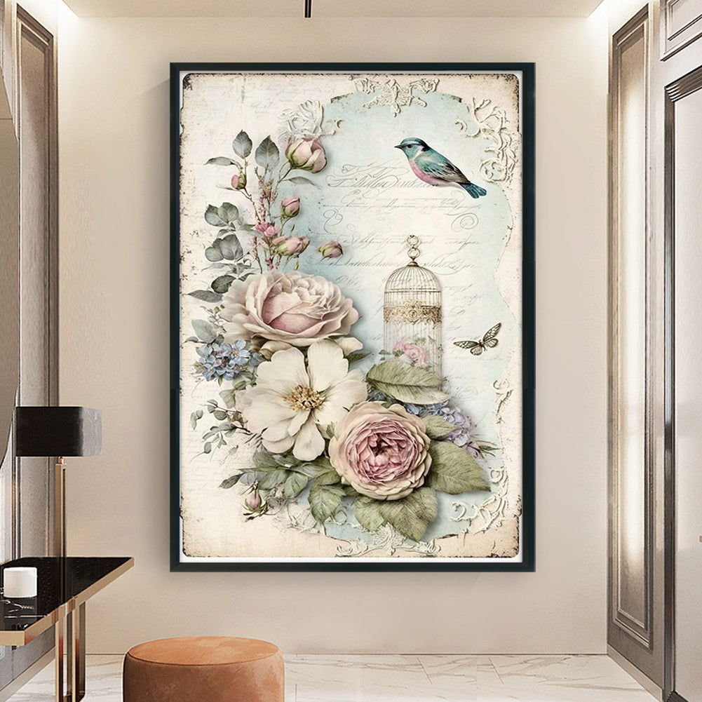 Retro Poster - Bird And Peony Cage - 11CT Stamped Cross Stitch 40*60CM