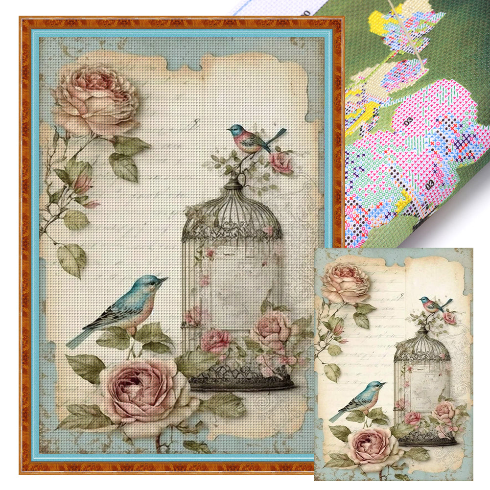 Retro Poster - Bird And Peony Cage - 11CT Stamped Cross Stitch 40*60CM