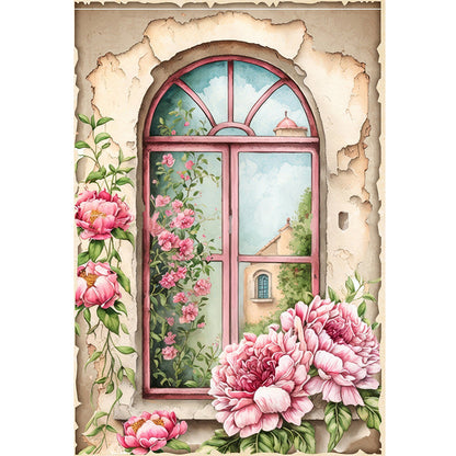 Retro Poster - Peonies By The Window - 11CT Stamped Cross Stitch 40*60CM