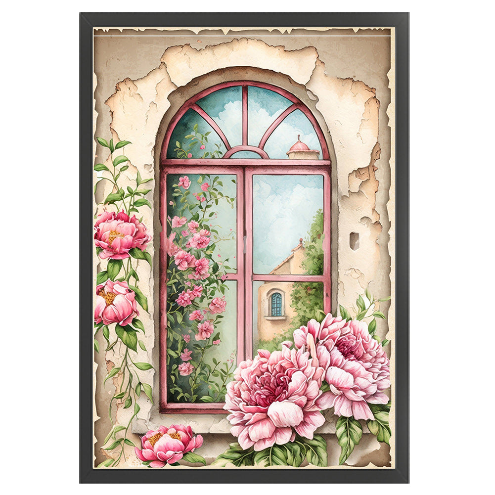 Retro Poster - Peonies By The Window - 11CT Stamped Cross Stitch 40*60CM