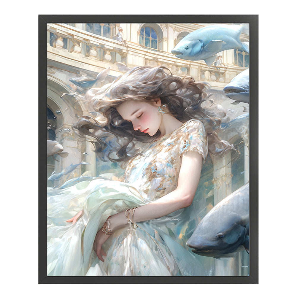 Fish And Girl - 11CT Stamped Cross Stitch 40*50CM