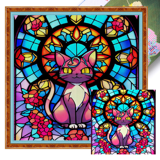 Glass Painting-Cat - 11CT Stamped Cross Stitch 50*50CM