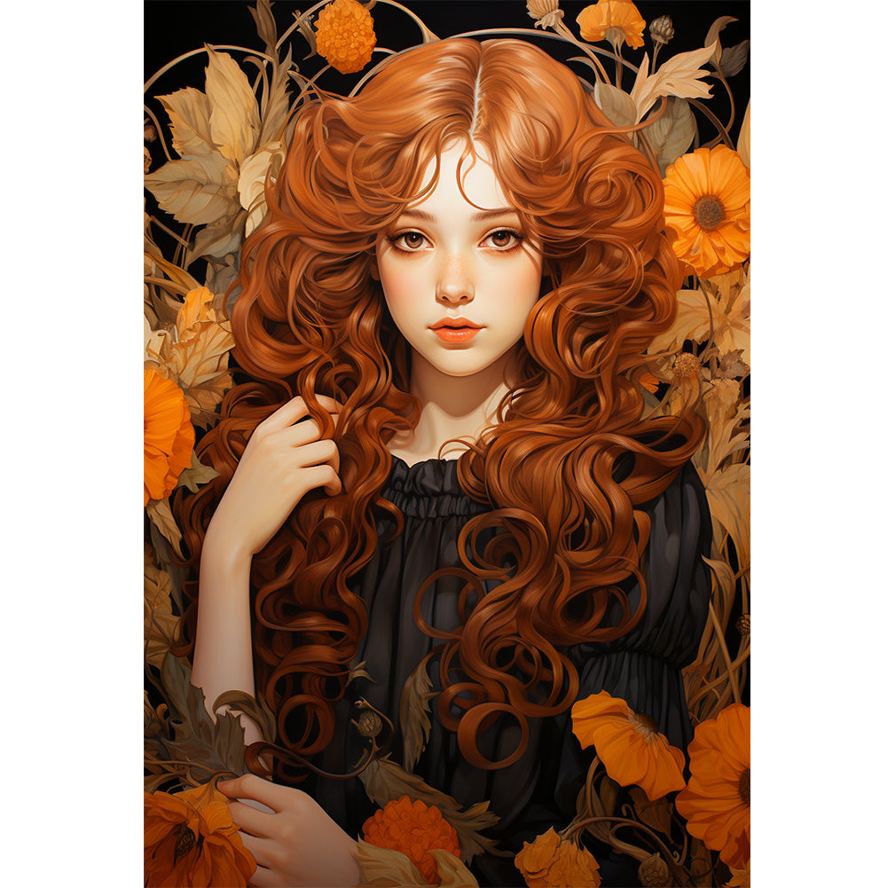 Chrysanthemum Chestnut Hair Girl - 11CT Stamped Cross Stitch 50*70CM