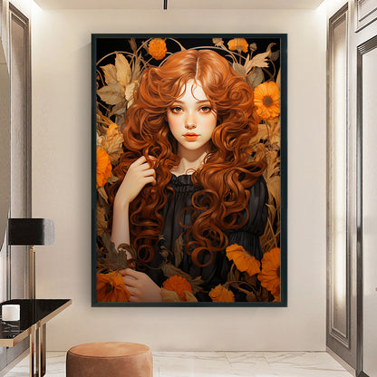 Chrysanthemum Chestnut Hair Girl - 11CT Stamped Cross Stitch 50*70CM