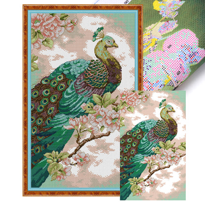 Green Peacock - 14CT Stamped Cross Stitch 30*46CM(Joy Sunday)