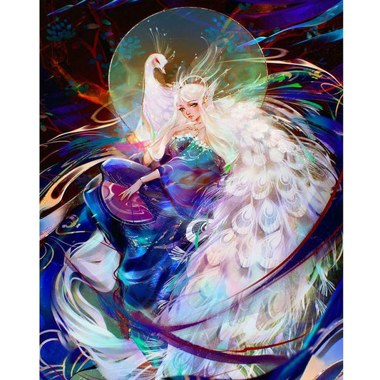 White Peacock And Girl - Full Round Drill Diamond Painting 40*50CM