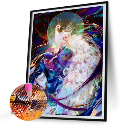 White Peacock And Girl - Full Round Drill Diamond Painting 40*50CM