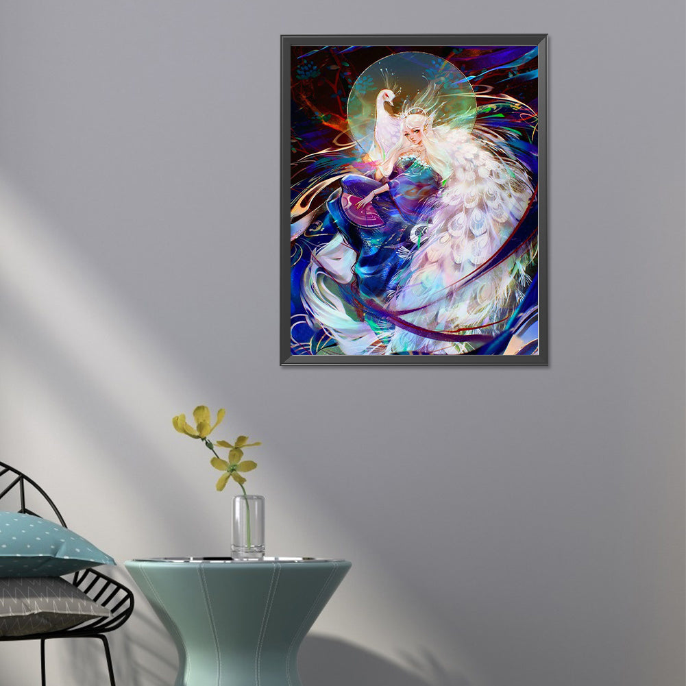 White Peacock And Girl - Full Round Drill Diamond Painting 40*50CM