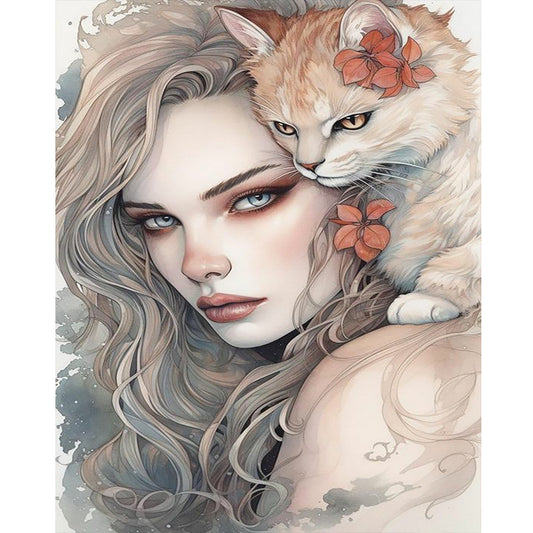 Cat And Girl - Full Round Drill Diamond Painting 40*50CM