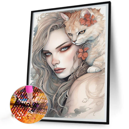 Cat And Girl - Full Round Drill Diamond Painting 40*50CM