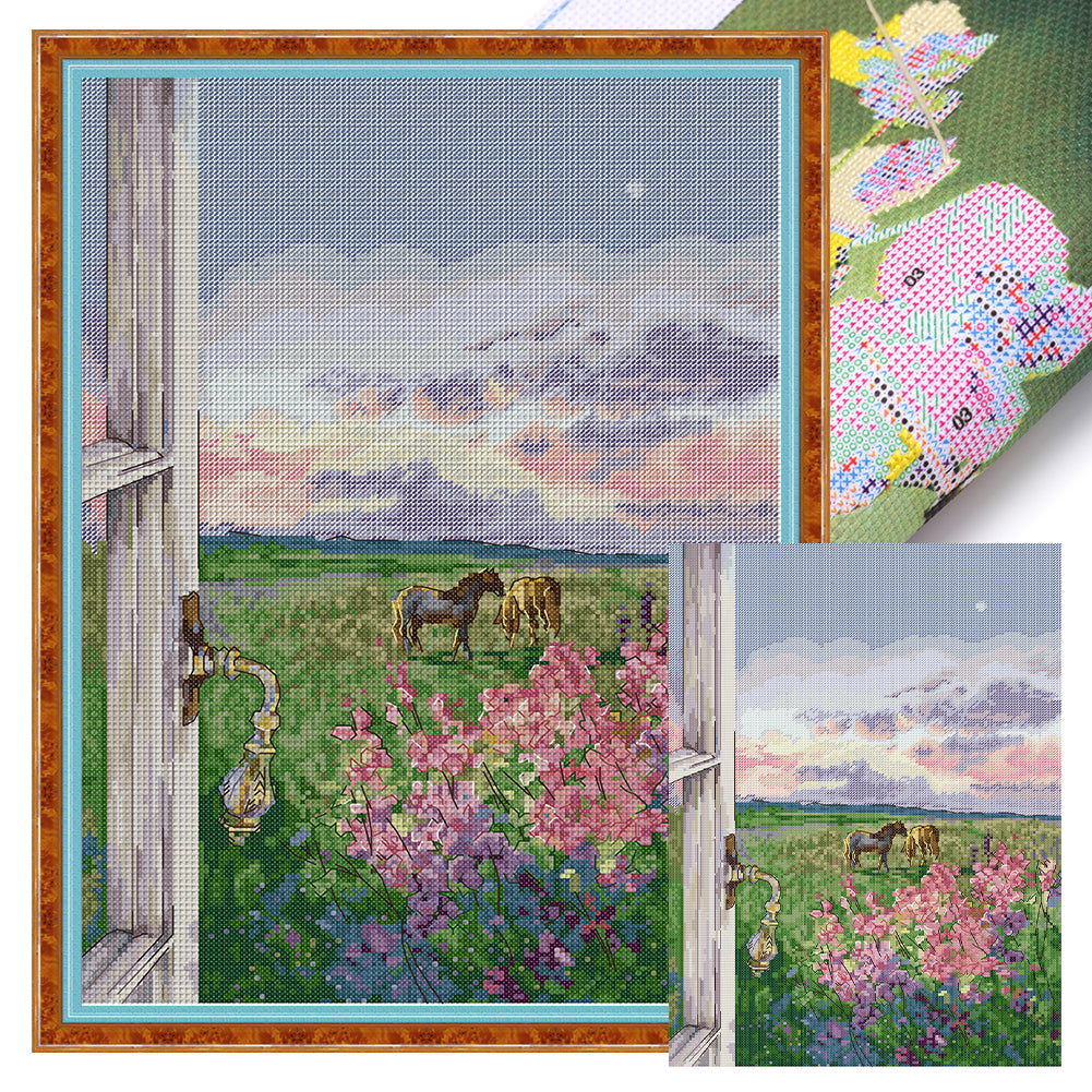 Landscape With Horses - 14CT Stamped Cross Stitch 32*44CM(Joy Sunday)