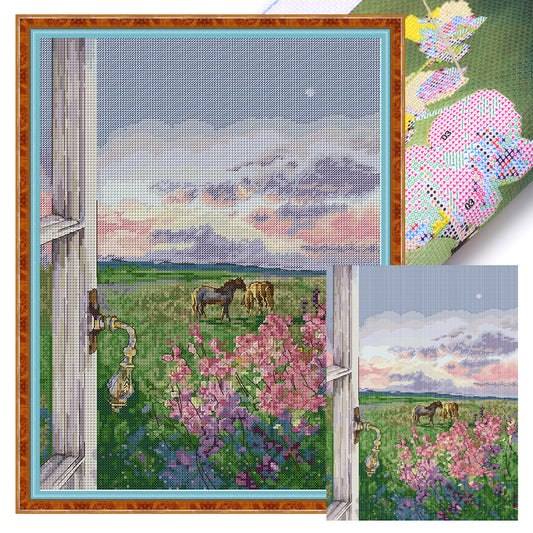 Landscape With Horses - 14CT Stamped Cross Stitch 32*44CM(Joy Sunday)