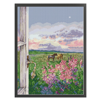 Landscape With Horses - 14CT Stamped Cross Stitch 32*44CM(Joy Sunday)