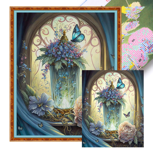 Vase And Butterflies In The Garden - 14CT Stamped Cross Stitch 50*60CM