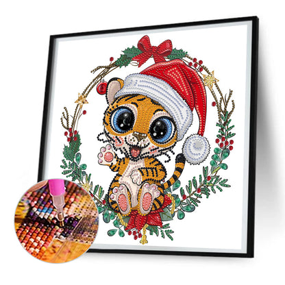 Little Tiger Wearing Santa Hat - Special Shaped Drill Diamond Painting 30*30CM