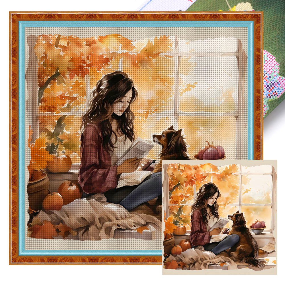 Girl And Puppy - 11CT Stamped Cross Stitch 50*50CM