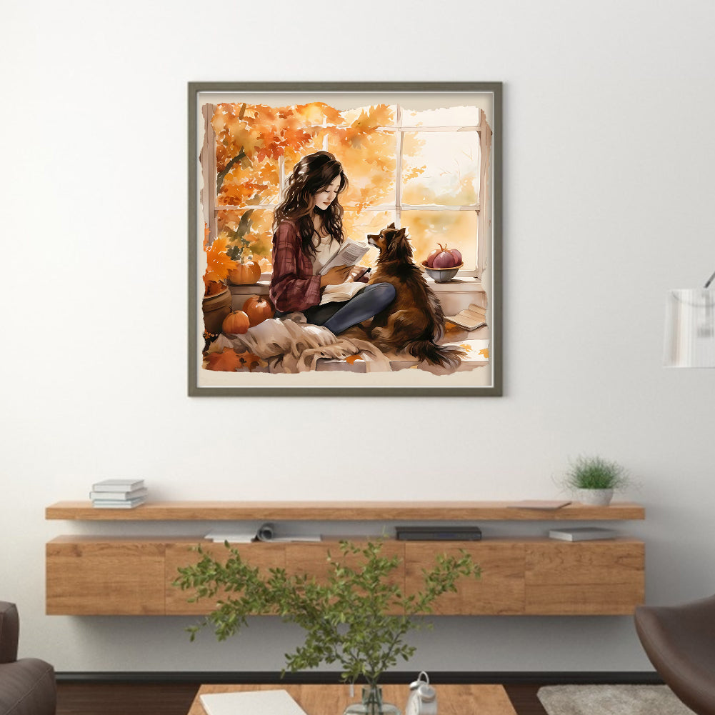 Girl And Puppy - 11CT Stamped Cross Stitch 50*50CM