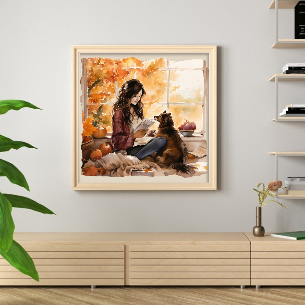 Girl And Puppy - 11CT Stamped Cross Stitch 50*50CM