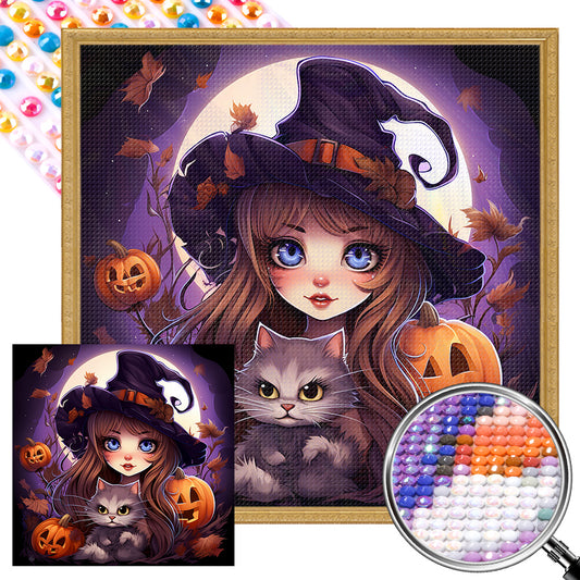 Halloween Cat Lady - Full Round AB Drill Diamond Painting 40*40CM