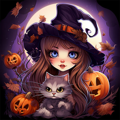 Halloween Cat Lady - Full Round AB Drill Diamond Painting 40*40CM