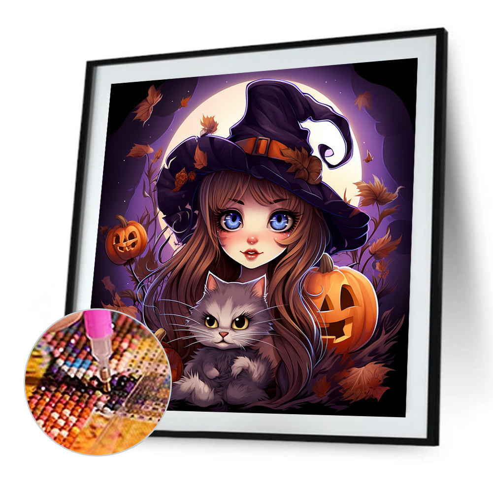 Halloween Cat Lady - Full Round AB Drill Diamond Painting 40*40CM