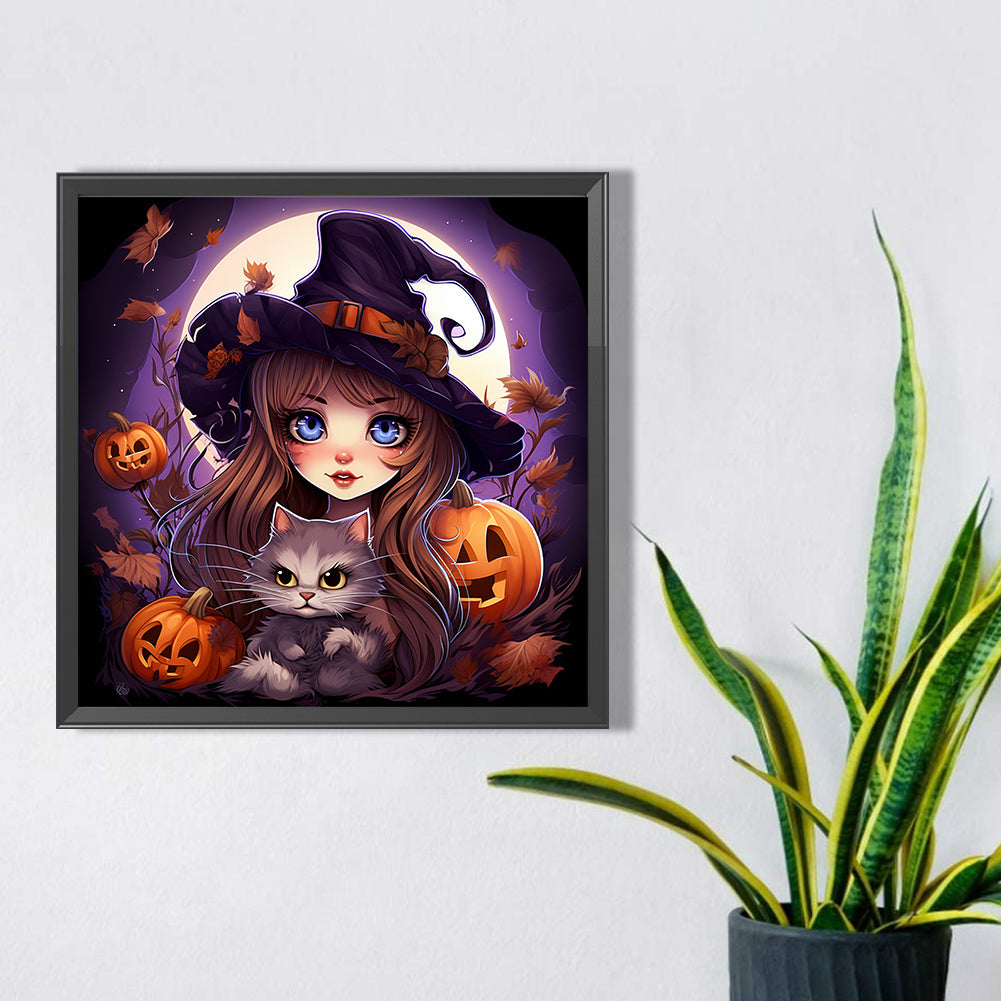 Halloween Cat Lady - Full Round AB Drill Diamond Painting 40*40CM